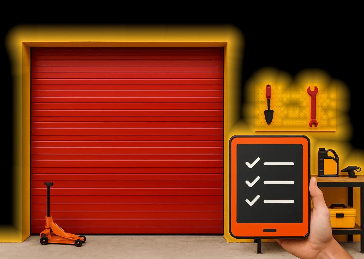 Garage mit rotem Rolltor und Werkzeugen, Hand mit einem Tablet, das eine Software-Vergleichsliste zeigt
